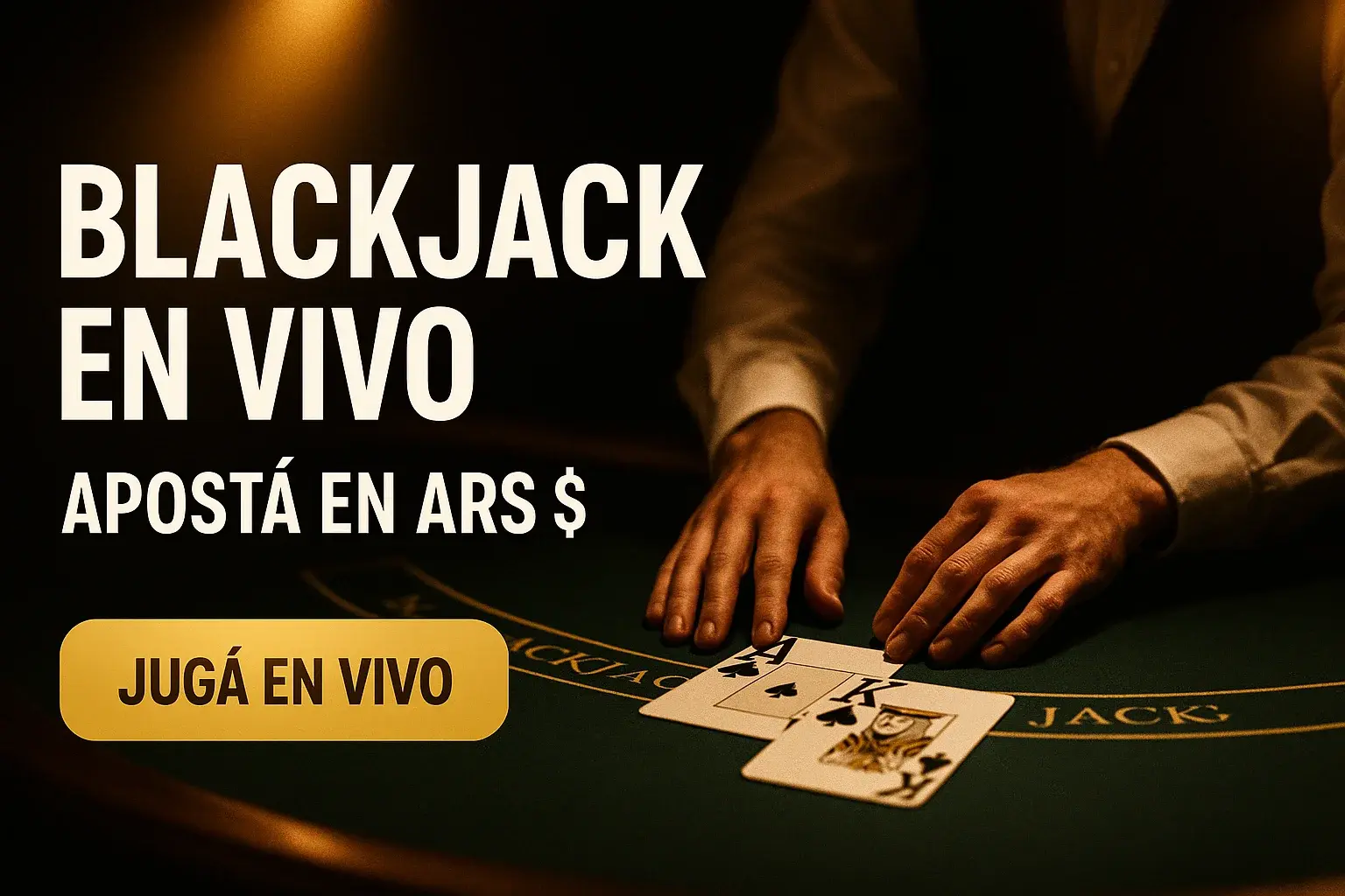 Banner de blackjack en vivo con crupier, cartas y botón dorado