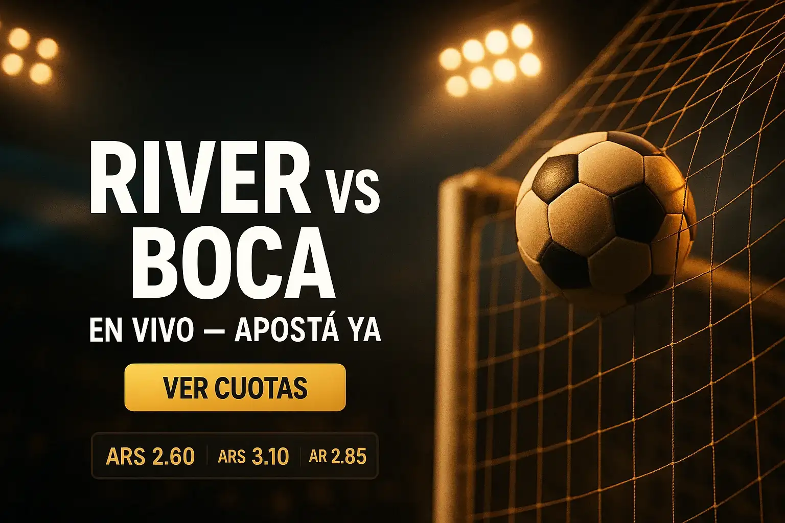 Banner de apuestas en vivo con fútbol, luces de estadio y colores argentinos