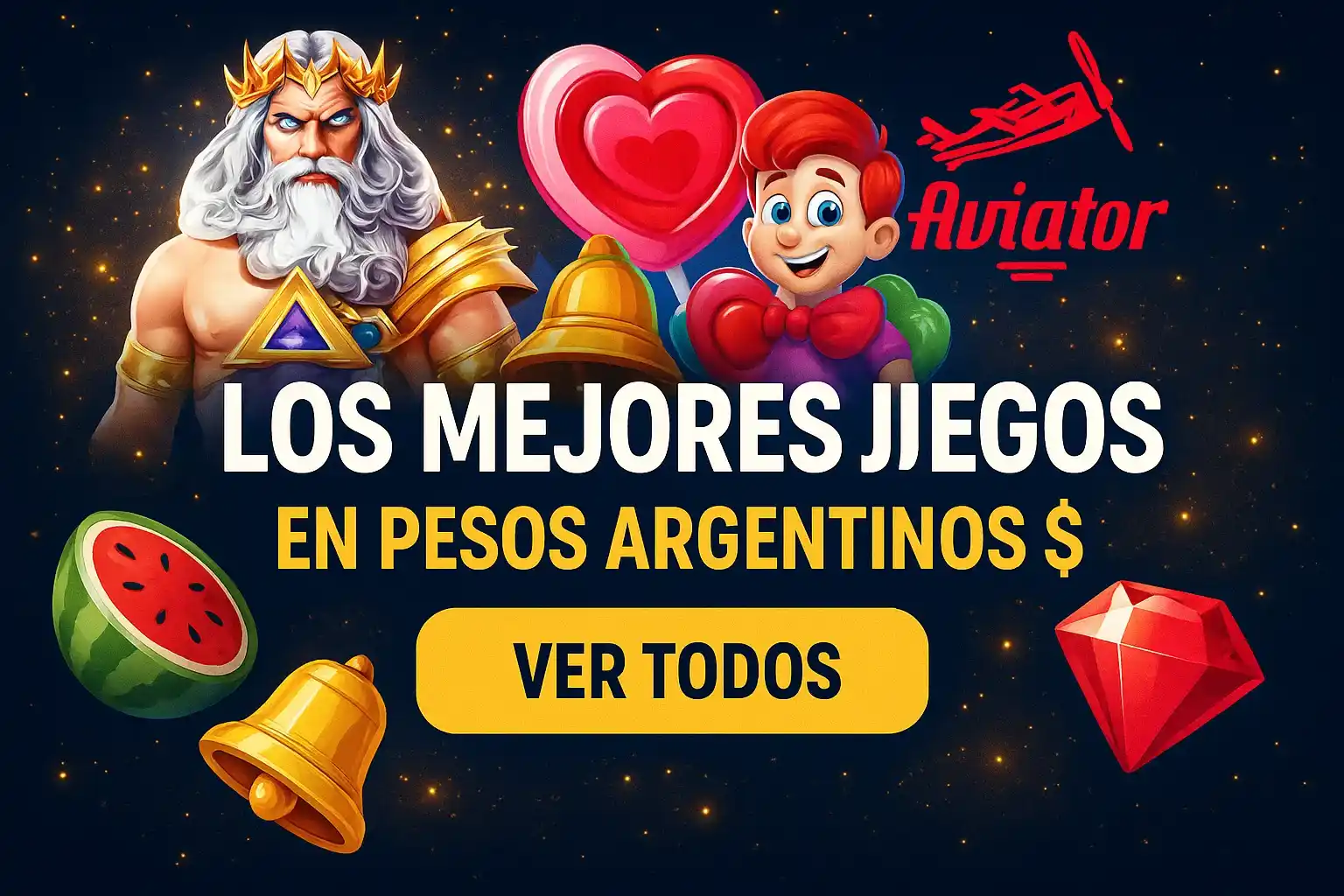 Banner de casino con juegos populares, fondo azul oscuro y botón dorado