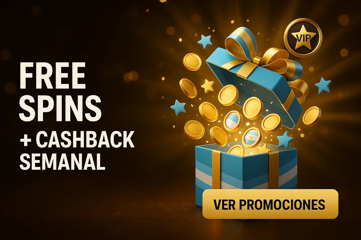 Banner de promociones de casino con regalo, monedas y botón dorado