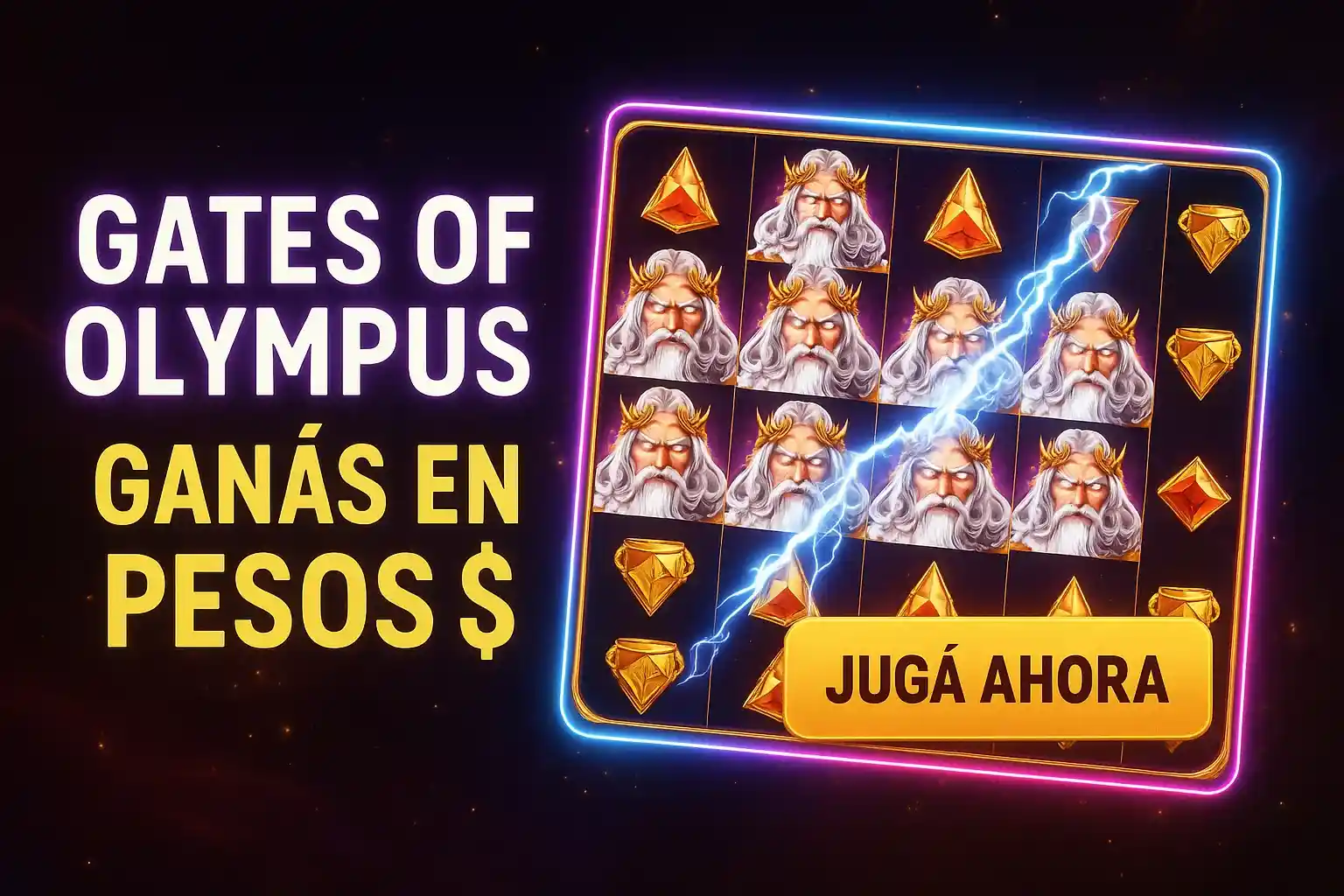 Banner de tragamonedas con luces neón, efecto ganador y botón Jugá Ahora